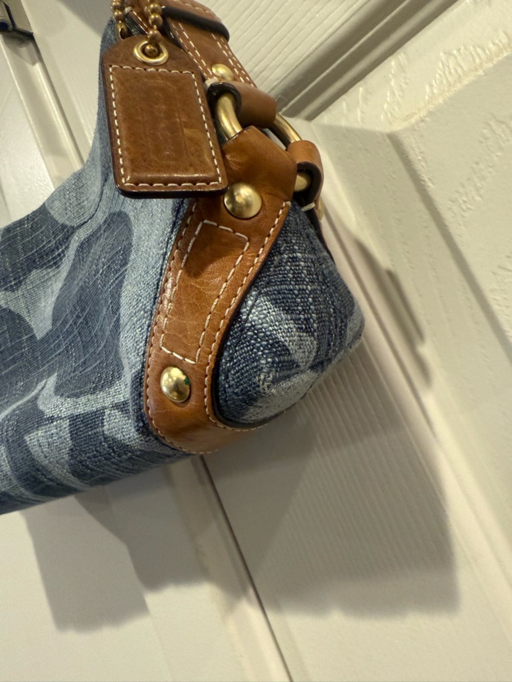 Coach Carly Blue Denim Signature Canvas Shoulder Bag with Brown Leather - Picture 2 of 7